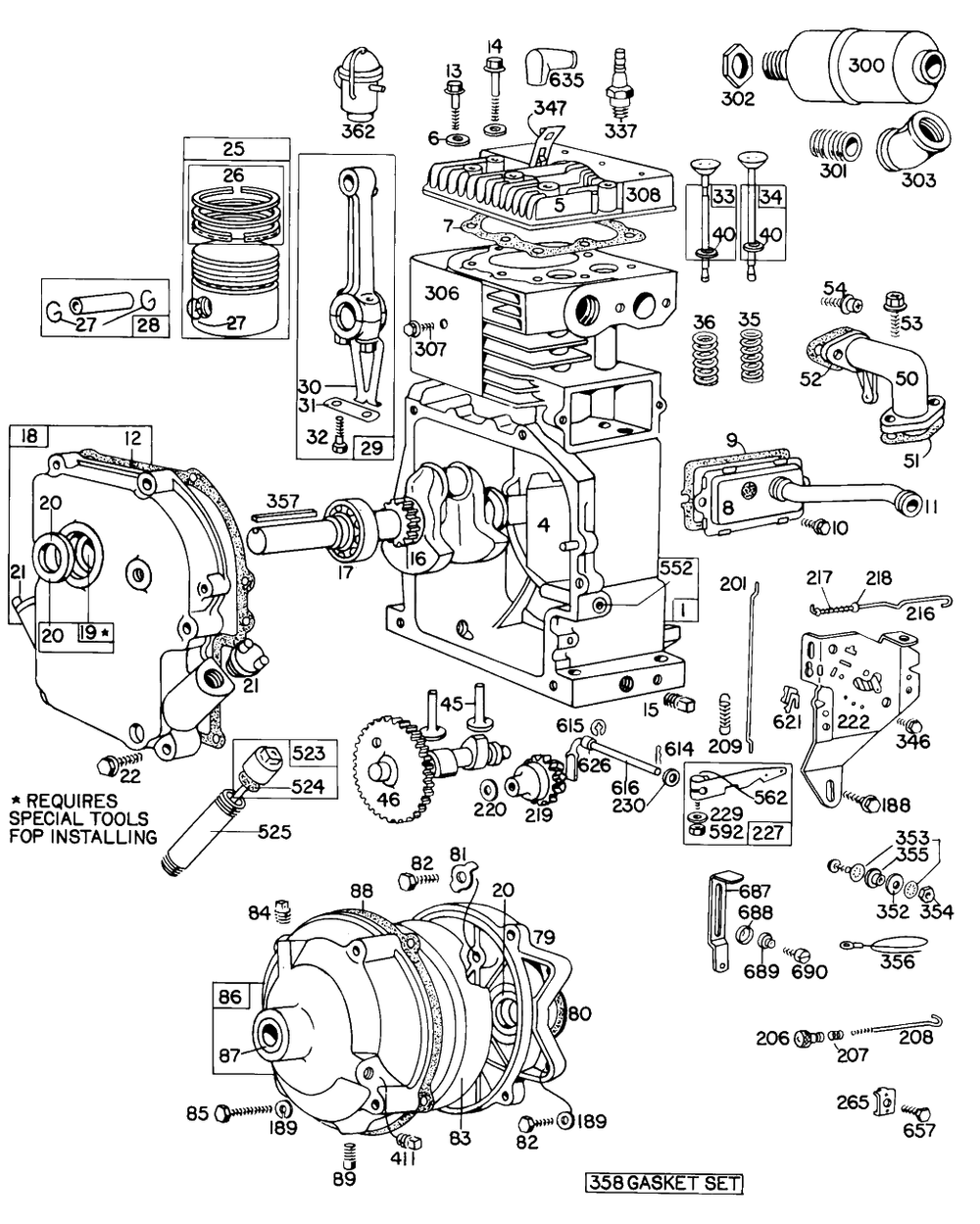 Cyl, Piston, Muffler, Crnkcse Diagram and Parts List for 146451-0669-XX  Briggs and Stratton Engine